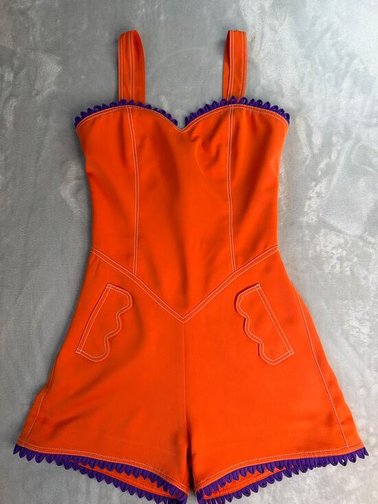 Johanna Ortiz Pants - Maria Isabel Cepeda Orange Romper Size 0 Purple Trim Scalloped Corset Playsuit